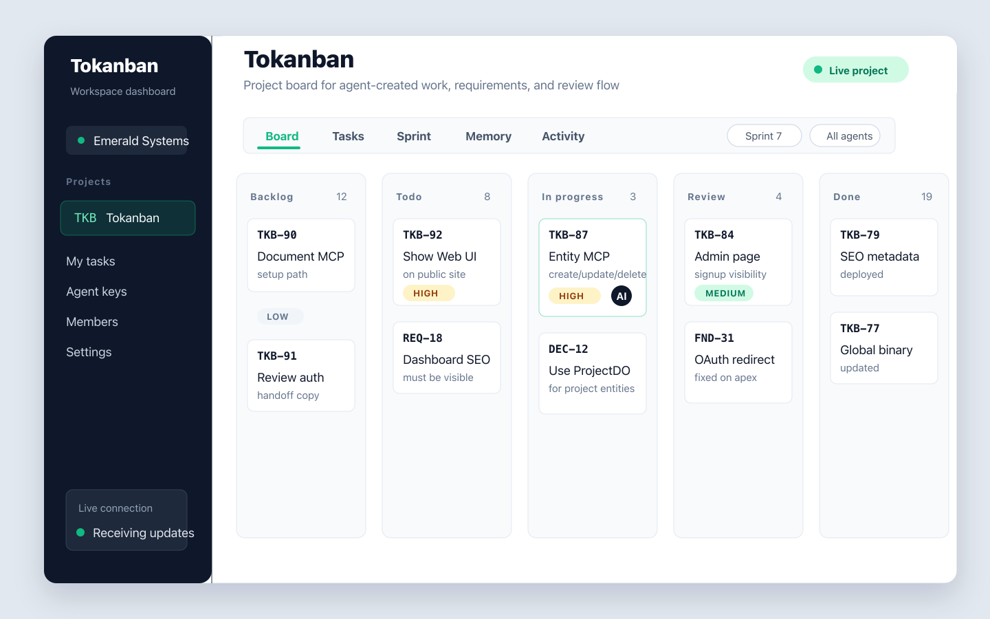 Tokanban Web UI board with project status columns, task cards, priorities, and agent attribution.