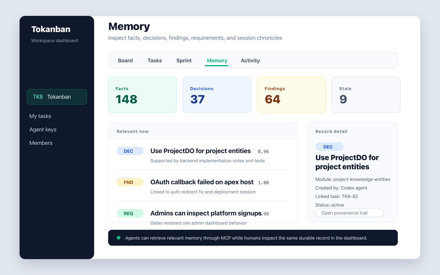 Tokanban memory screenshot showing facts, decisions, findings, requirements, confidence scores, and provenance details.
