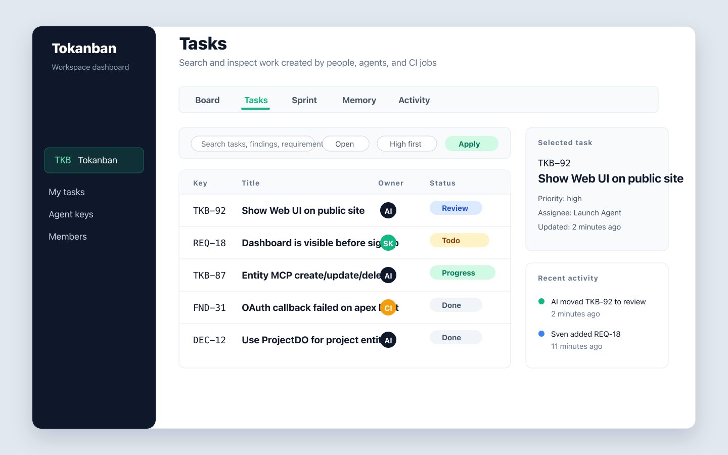 Tokanban task list screenshot with filters, table rows, selected task details, and recent activity.